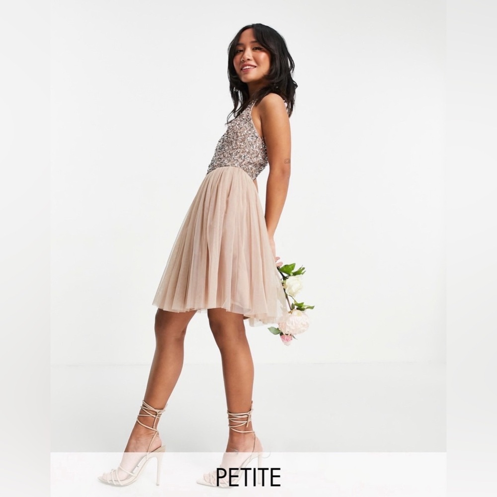 NEW! ASOS Maya Petite halterneck mini tulle dress w/tonal sequin taupe blush SZ6